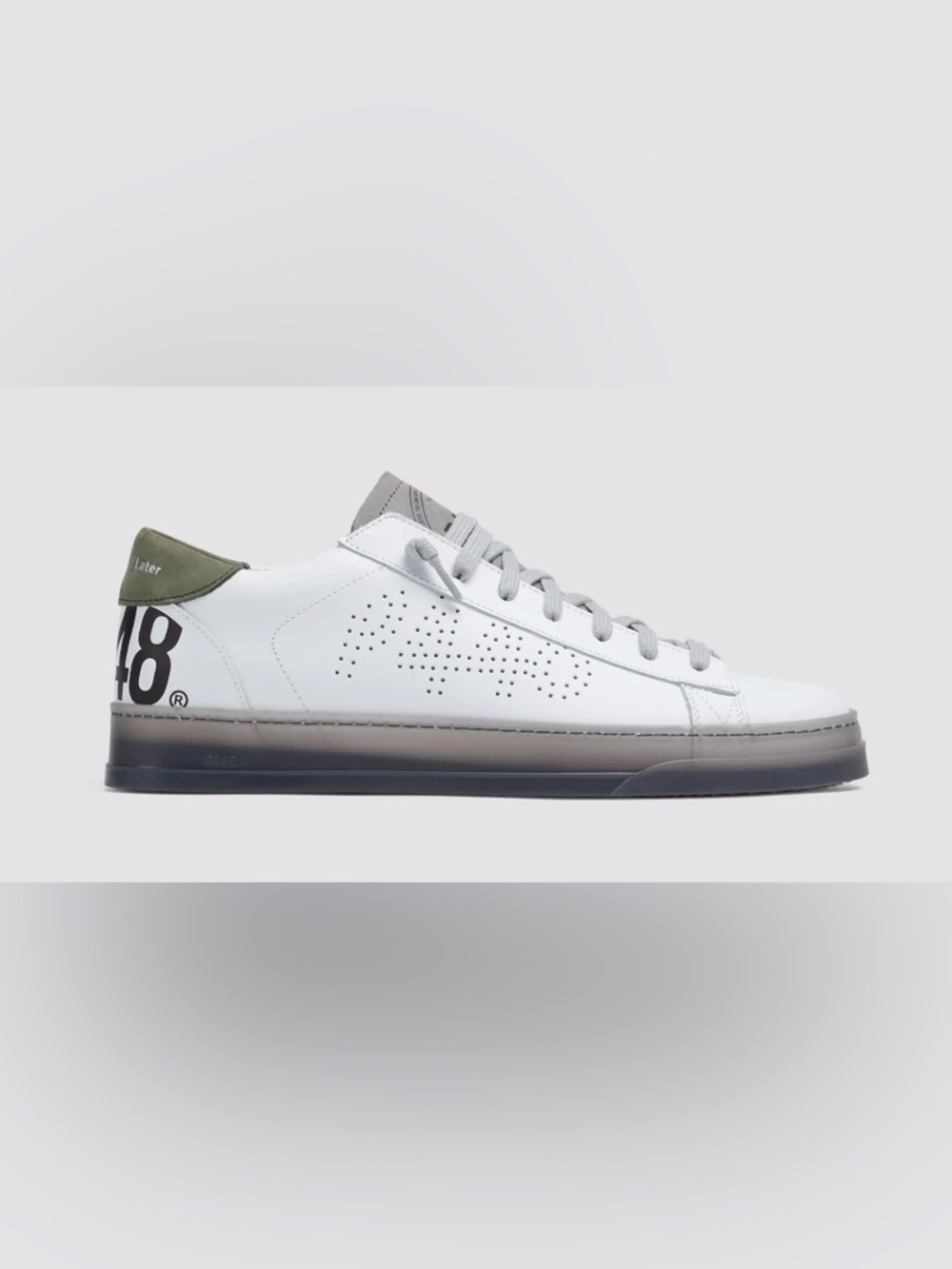 P448 Jack Moss White Leather Sneakers with Black/Grey Sole and Olive Heel Trim